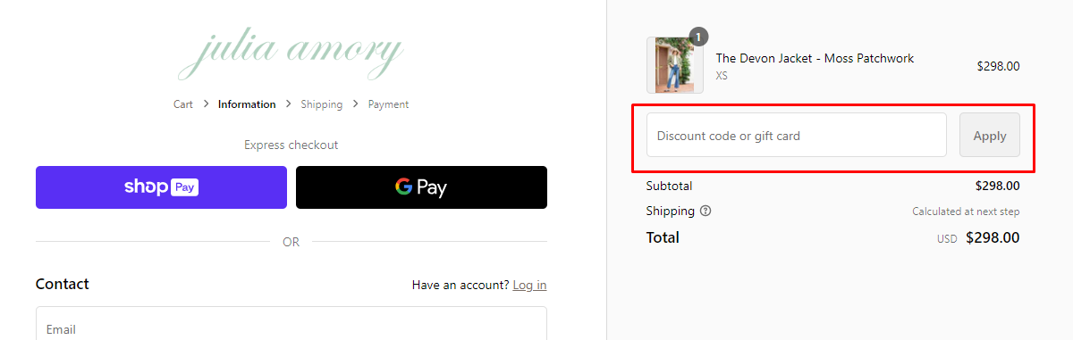 How do I use my Julia Amory discount code?