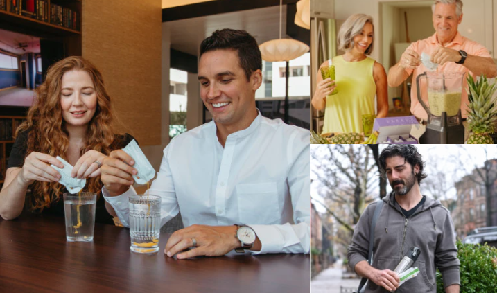 A man and a woman pouring Healthycell supplements in glasses, another woman standing next to a man blending supplements and a man with Healthycell products in his hands