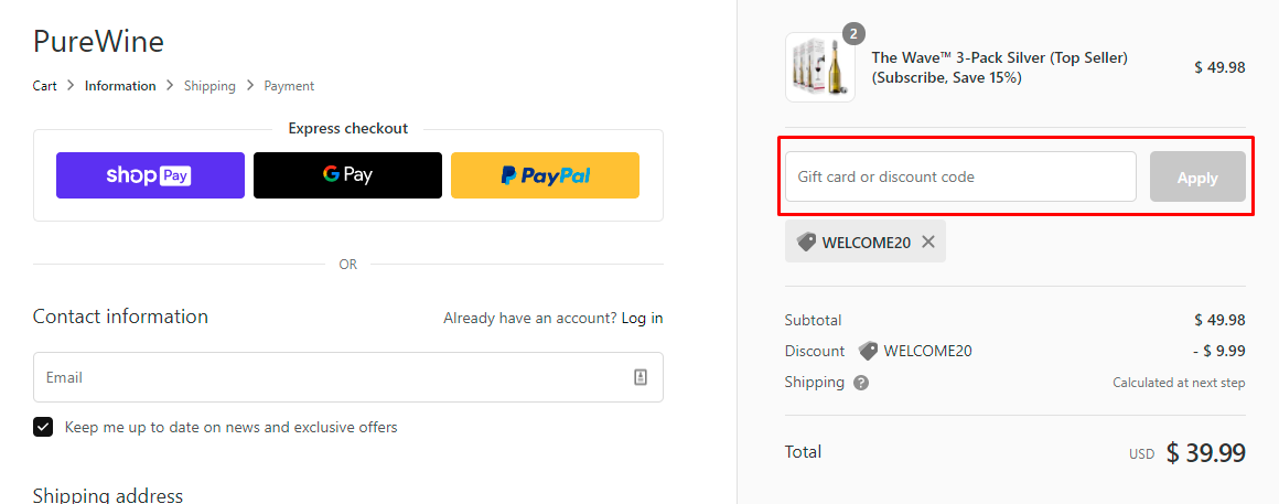 How do I use my PureWine discount code?