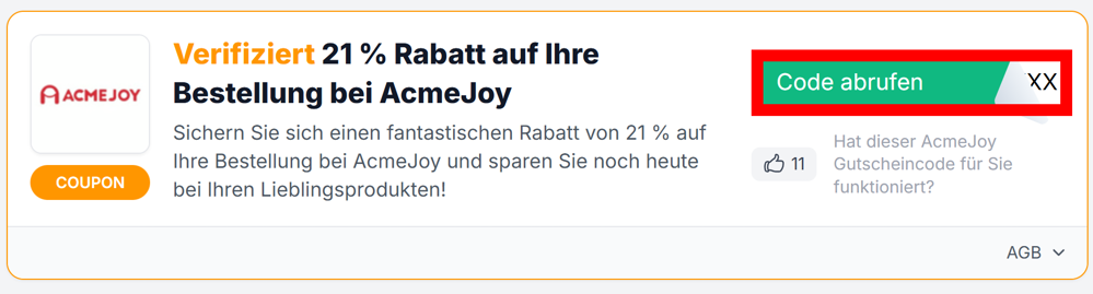 Angaben zu einem Gutscheincode von AcmeJoy mit rotmarkiertem grünen Button
