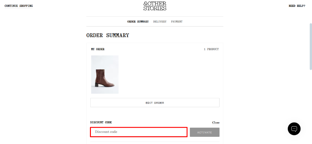 The order summary at & Other Stories where you apply your & Other Stories discount code