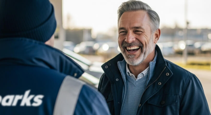 Ein lächelnder älterer Mann vor einer Person in Arbeitskleidung