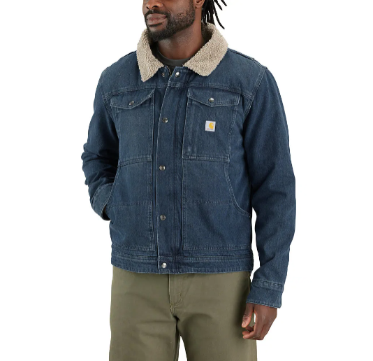 Jackets for fall and winter: A model wearing the Relaxed Fit Denim Sherpa-lined jacket