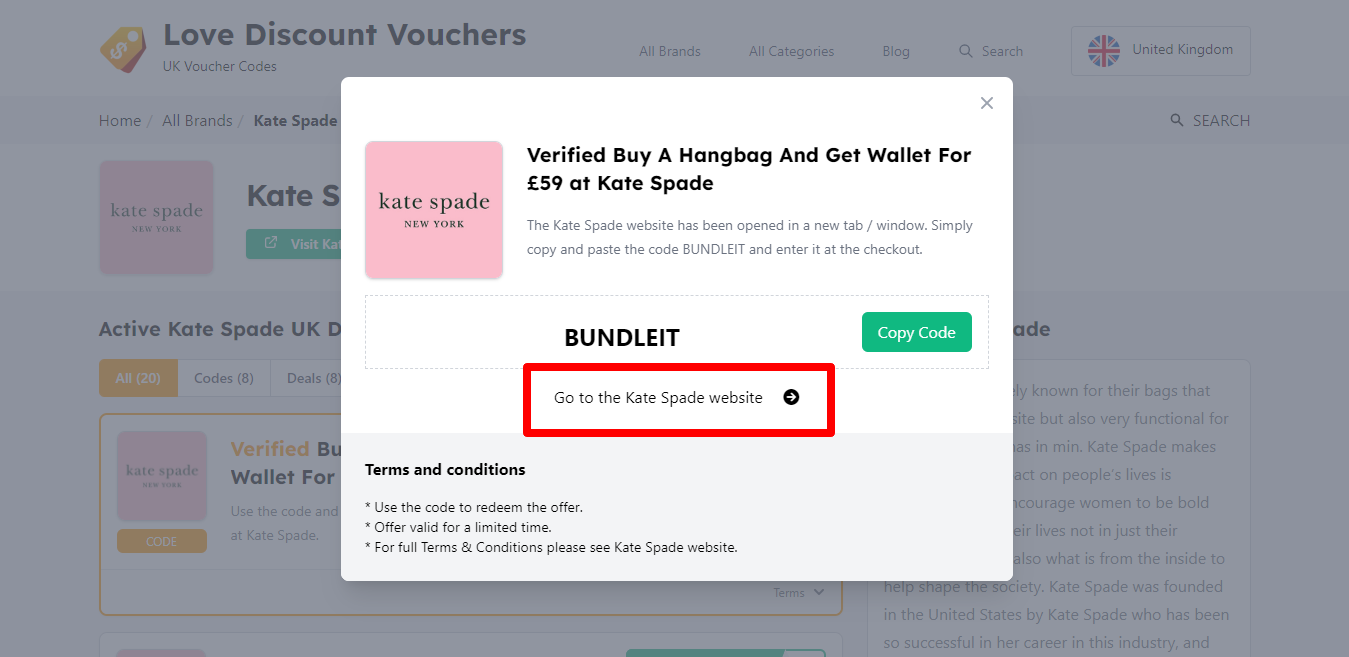 box hovering over a darkened background with a Kate Spade discount code and the “terms and conditions”