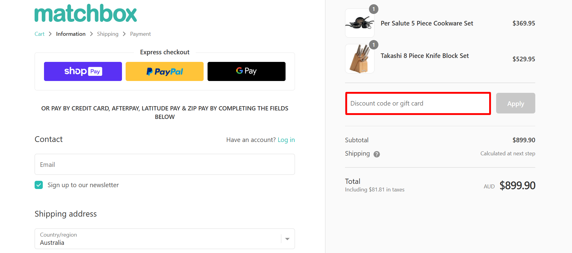 The highlighted red box at the brand checkout page is showing where to add the matchbox discount code.