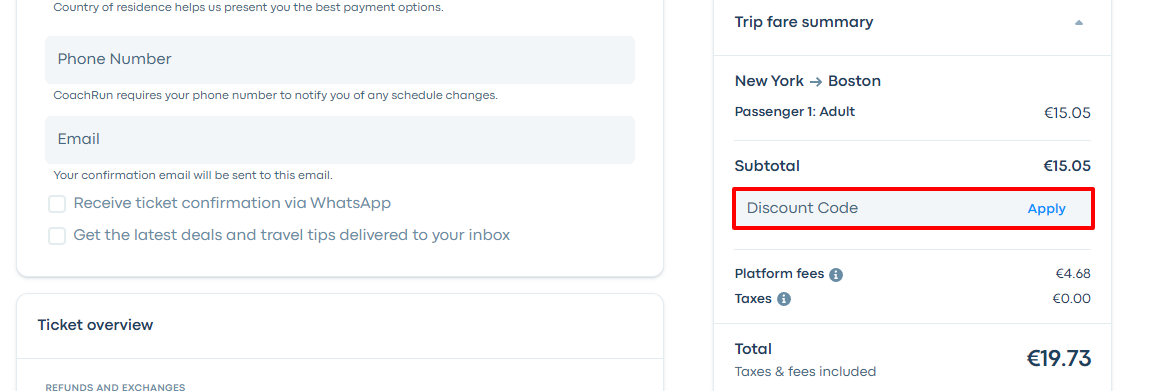 The brand checkout page with where to add the Busbud voucher code highlighted with a red box