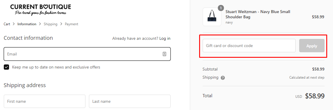 How do I use my Current Boutique discount code?