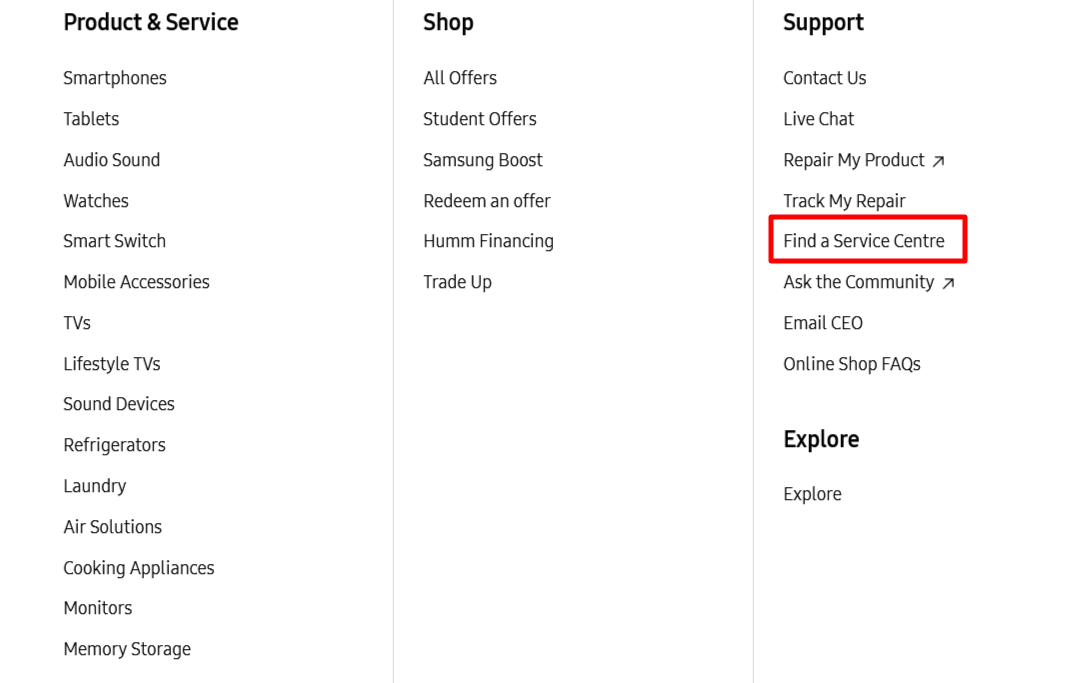 Find Service Centre with a red border around, words written in black all on white background