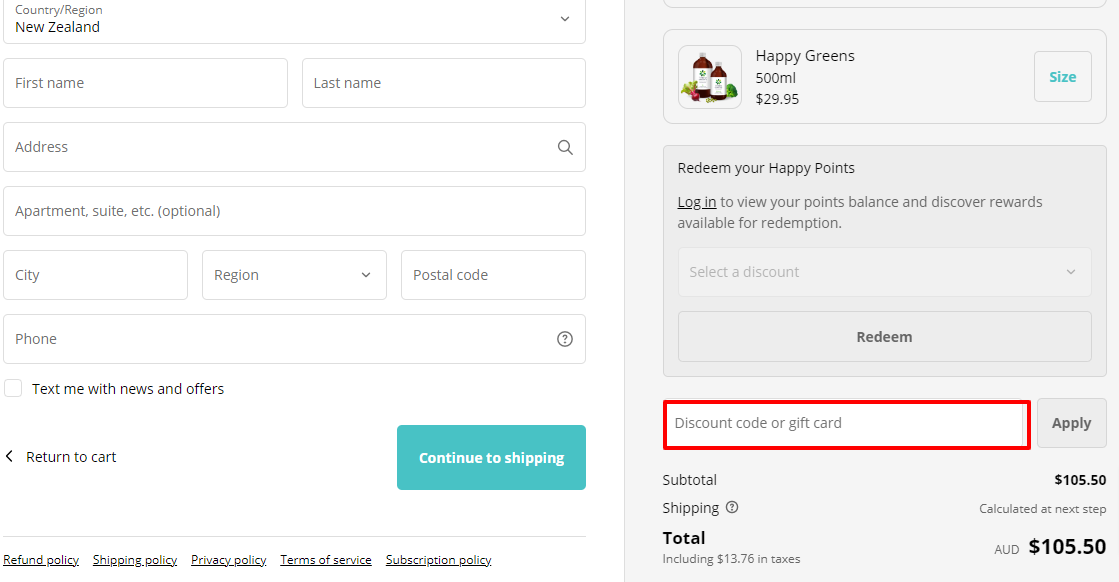 The brand checkout page with where to add the promo code is highlighted with a red box