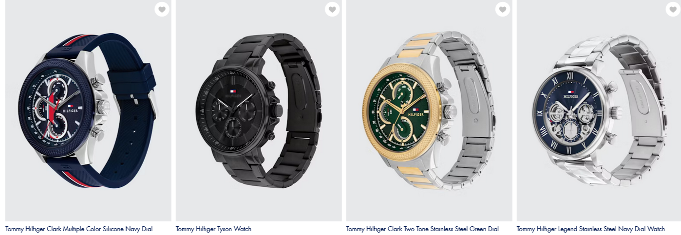 navy, black, stainless steel and gold Tommy Hilfiger watches on a white background