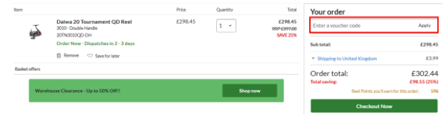 Fishing Tackle and Bait checkout page where to add the code