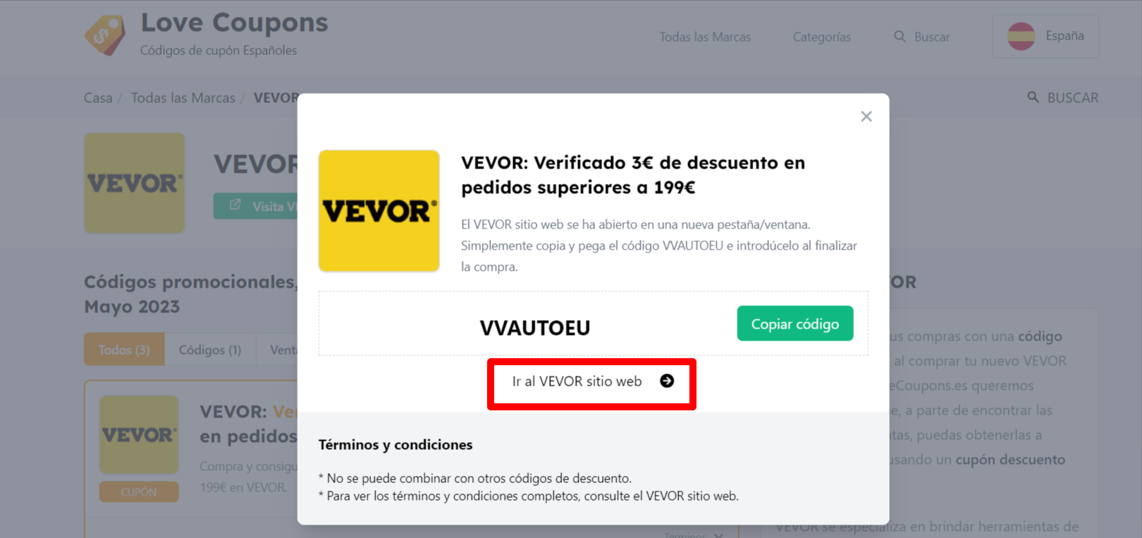 Cuadro que se muestra sobre un fondo oscurecido de un código descuento de vevor con los términos y condiciones que se muestran