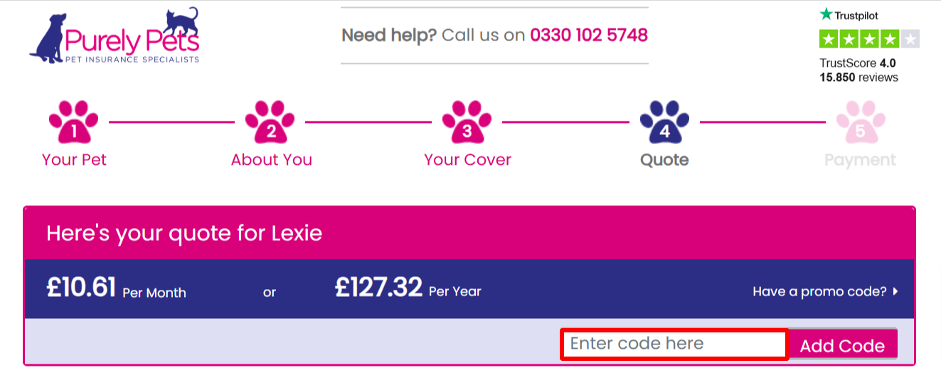 The checkout page shows a highlighted red box where to add a Purely Pets promo code.