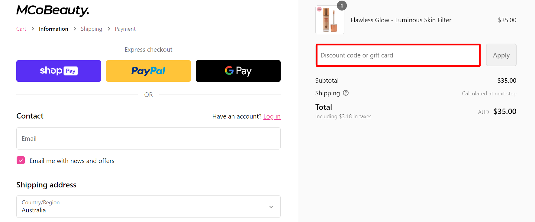 The highlighted red box at the brand checkout page is showing where to add the MCoBeauty discount code.
