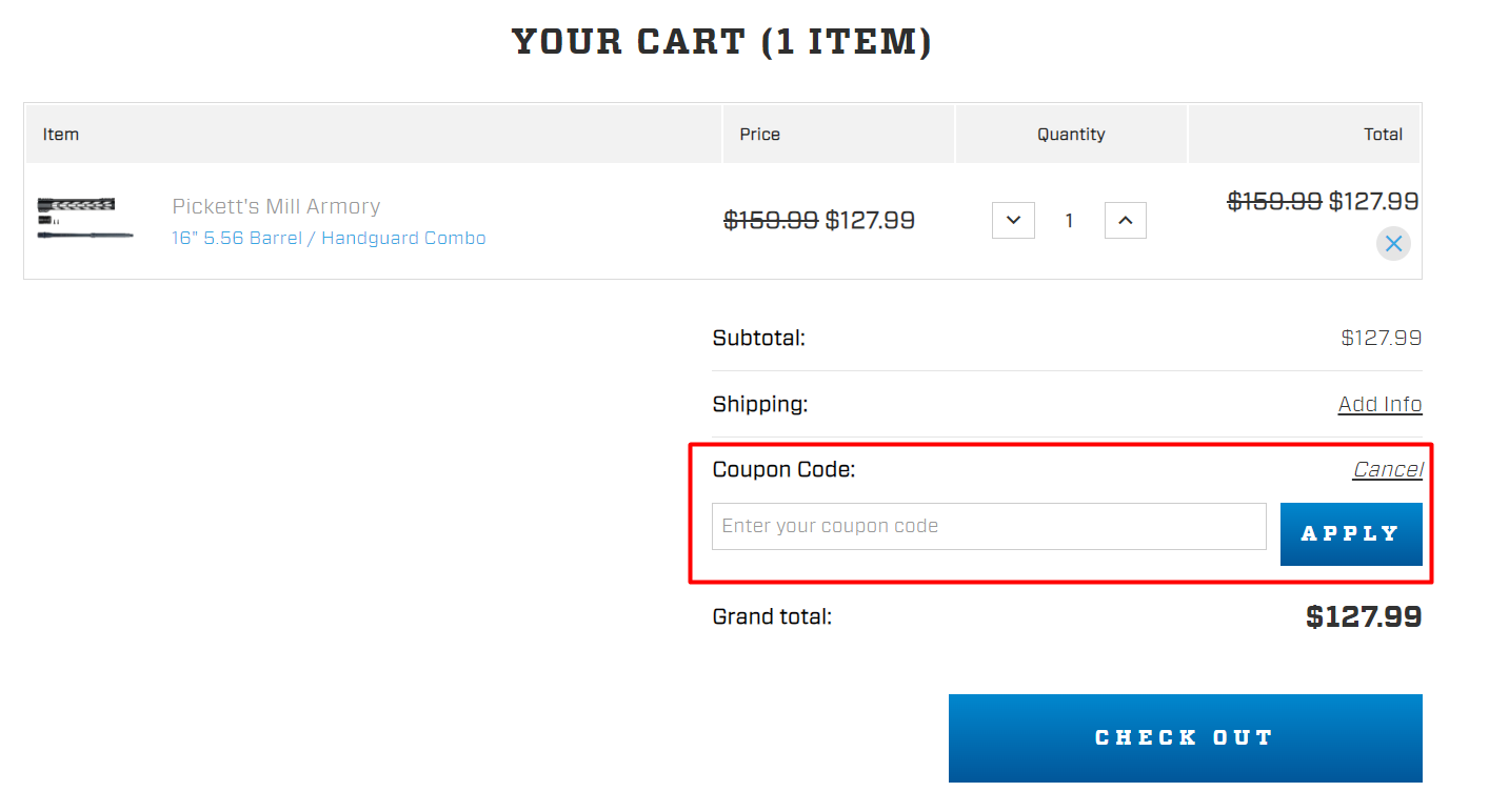 How do I use my Picketts Mill Armory coupon code?