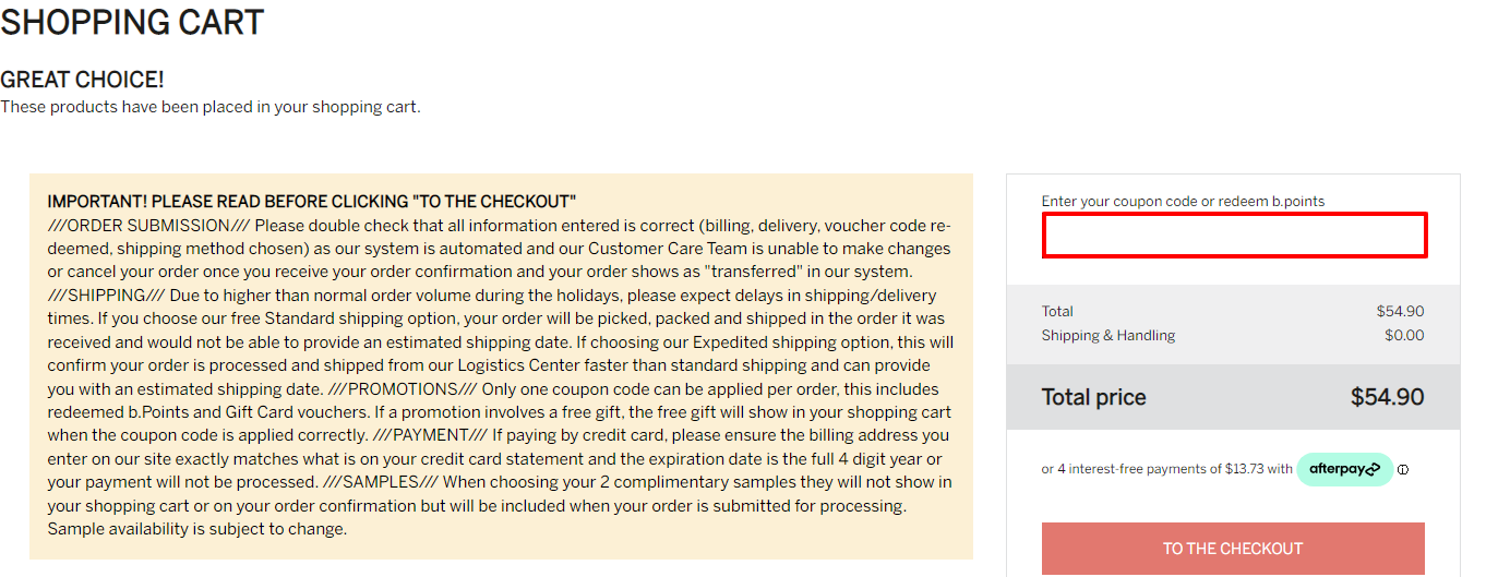 Babor coupon code label highlighted with a red box on their checkout page