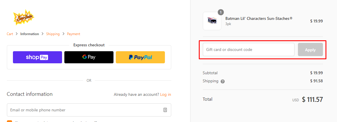 How do I use my Sun-Staches discount code?