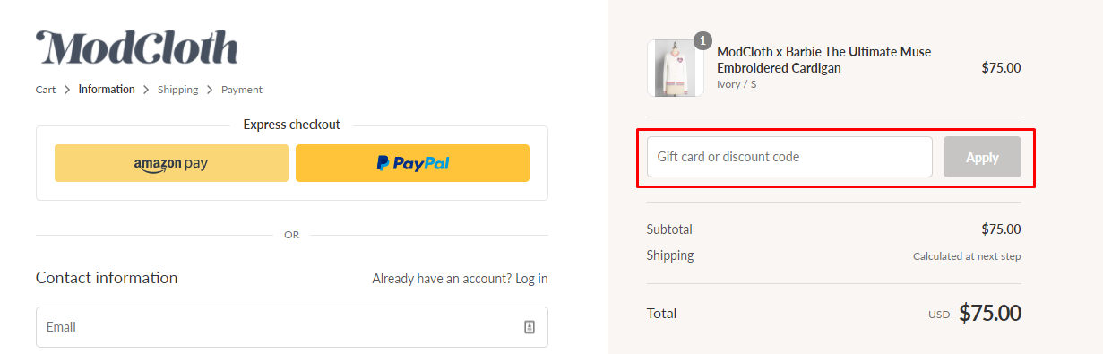 How do I use my ModCloth discount code?
