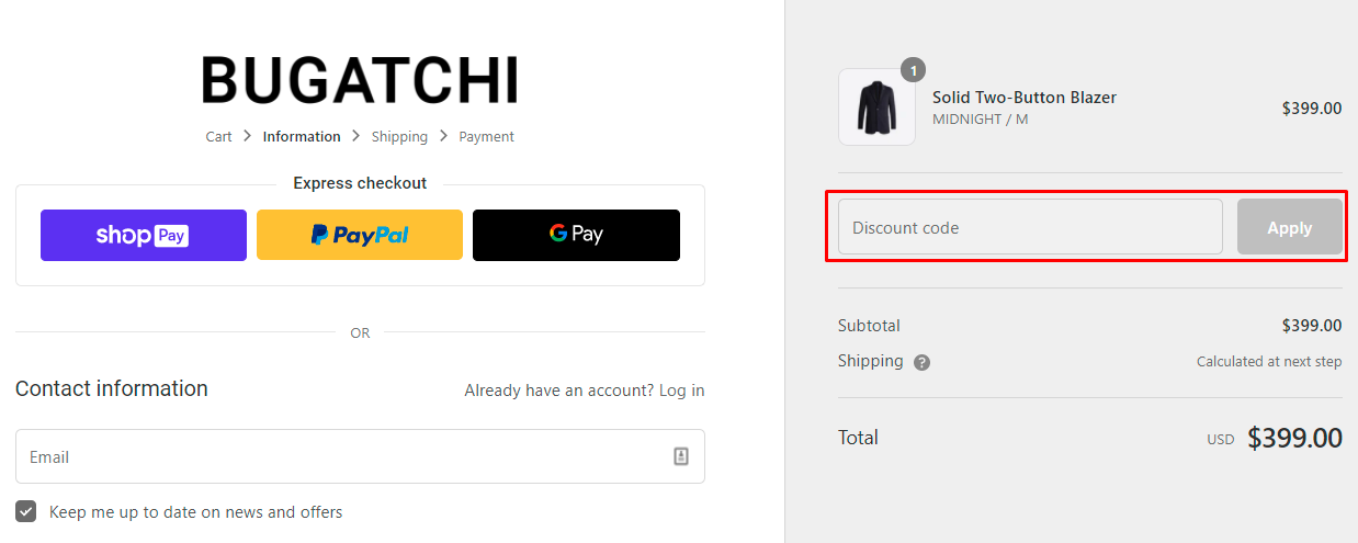 How do I use my Bugatchi discount code?