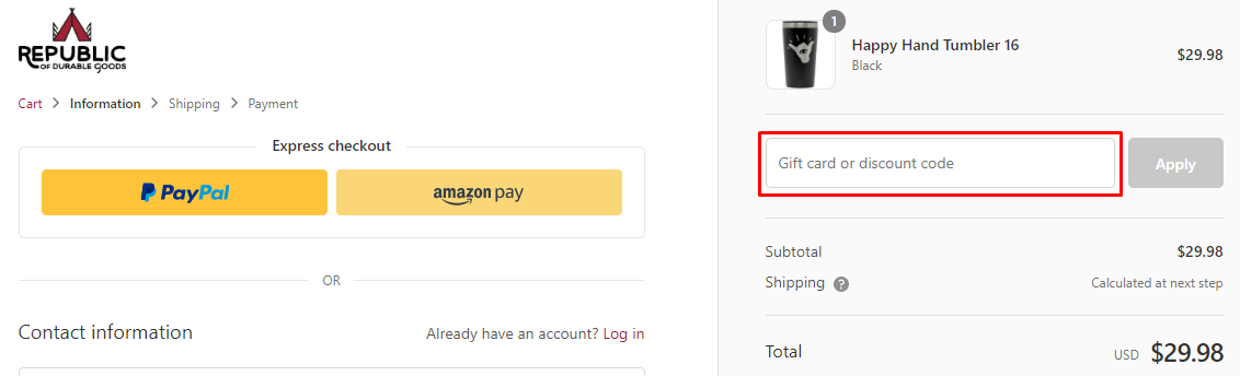 How do I use my Republic of Durable Goods discount code?