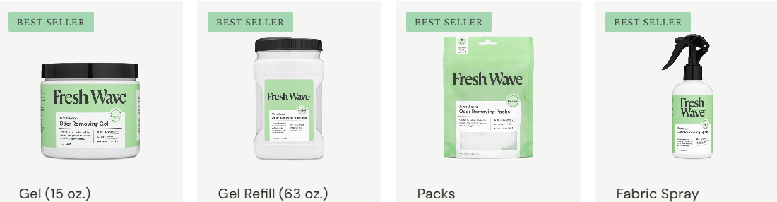 Fresh Wave’s most popular products displayed in four frames including gels, spray, gel refill, & packs