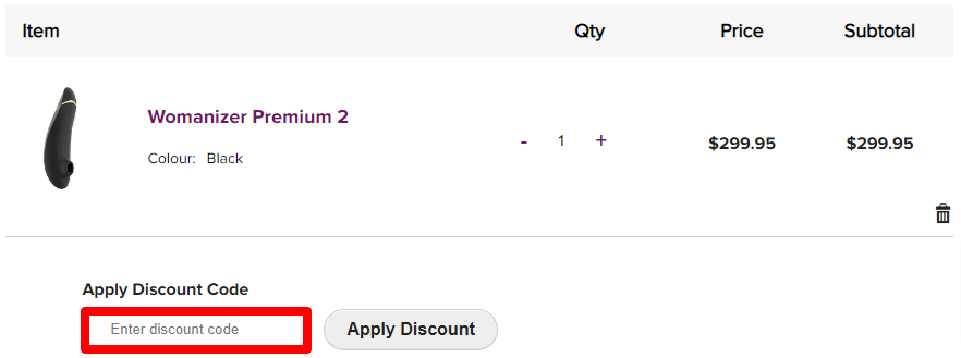The brand checkout page with where to add the Adultshop.com promotional code highlighted with a red box