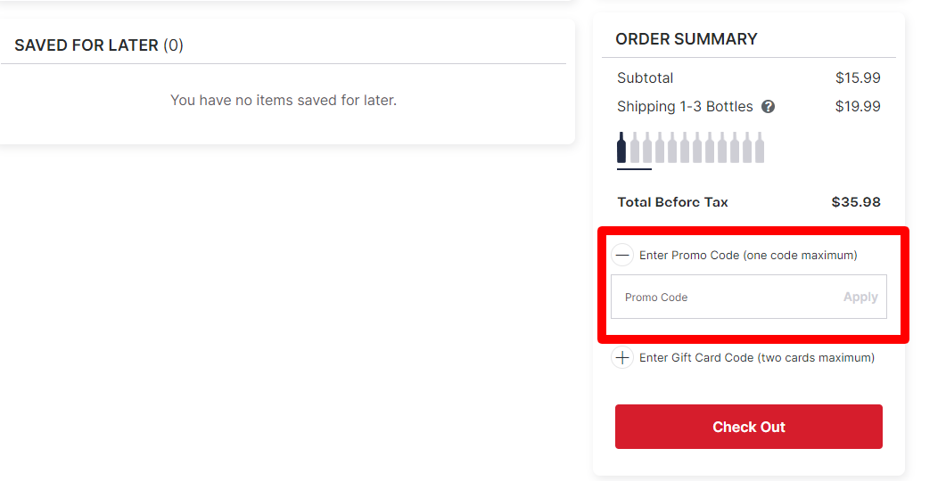 The brand checkout page with where to add the Wine voucher is highlighted with a red box