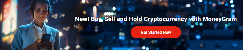 A smiling woman on a blue background with a phone in her hand checking our the new MoneyGram cryptocurrency service