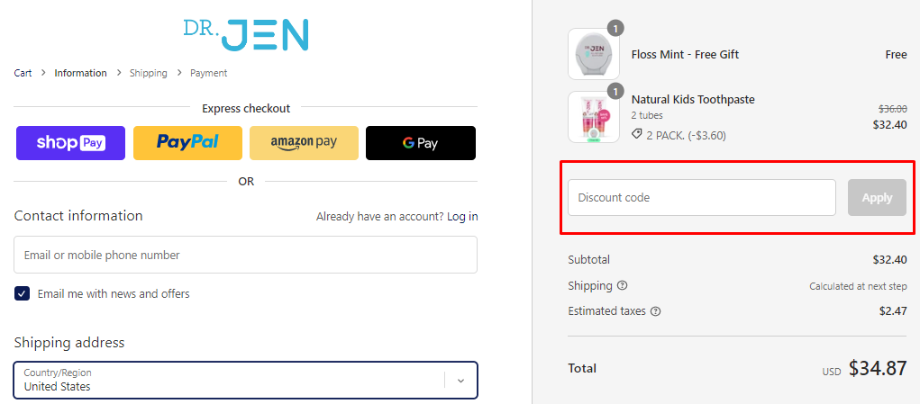 How do I use my Dr Jen Natural discount code?