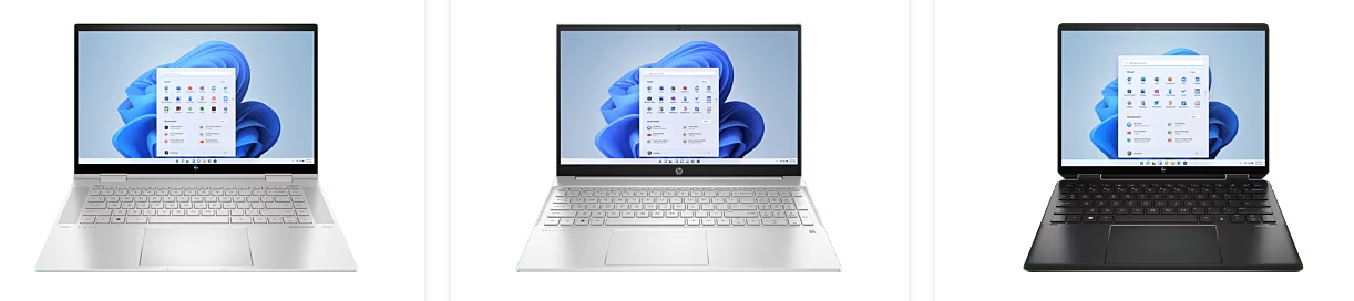 three distinct laptops displayed at HP for customers, all the laptops have white backgrounds