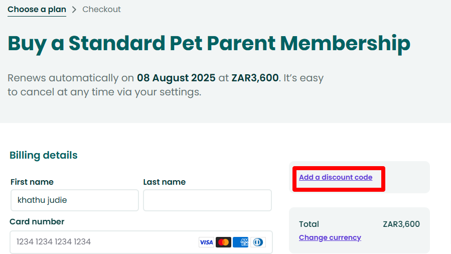 Image: The TrustedHousesitters coupon code is entered in a red box on the checkout page for the brand. The TrustedHousesitters coupon code is entered in a red box on the checkout page for the brand.