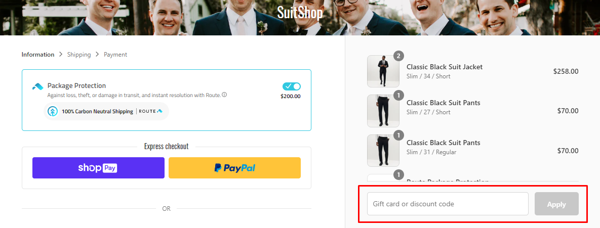 How do I use my SuitShop discount code?