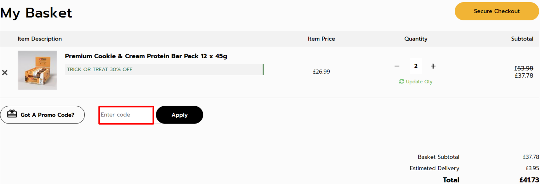 The brand checkout page with where to add the Maximuscle discount code is highlighted with a red box
