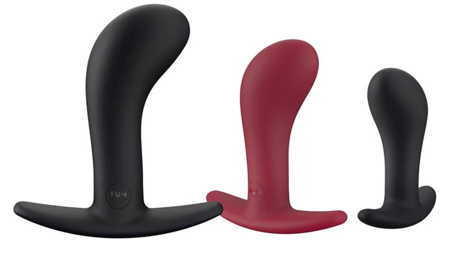 A Bootie Set Butt Plug Anal Kit, one maroon and 2 black all on a white background