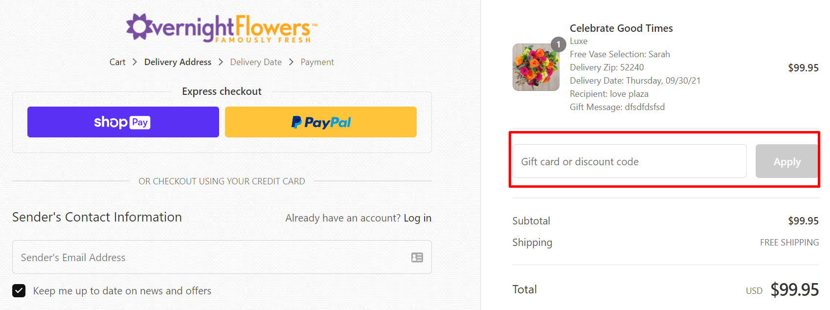 How do I use my Overnight Flowers discount code?