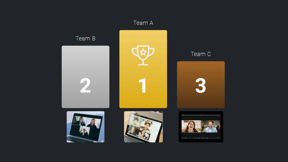 Gewinnerstatistik von drei Teams auf dunklem Hintergrund