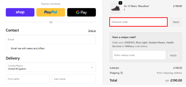 A red box to enter a Footpatrol promo code