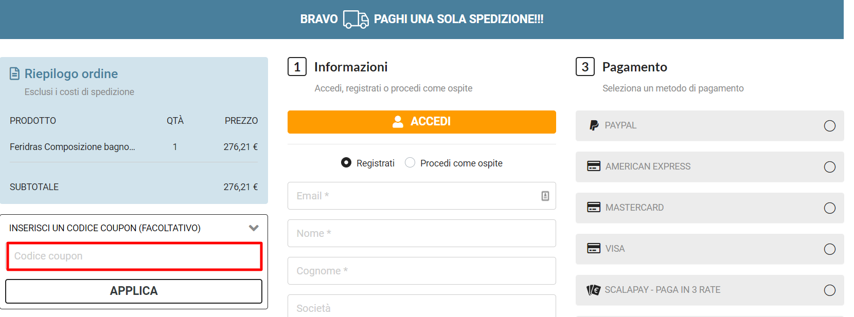 carrello del sito ufficiale BricoBravo in cui inserire il codice sconto BricoBravo nell'apposito spazio