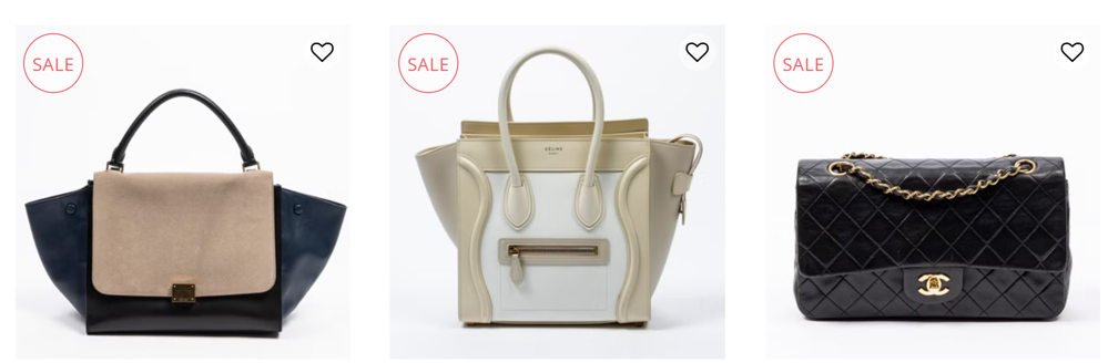Drei verschiedene Luxus-Handtaschen mit Herzchen und Sales-Symbolen