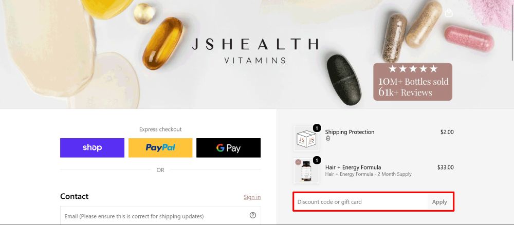 The checkout page for JSHealth Vitamins, where you paste the code