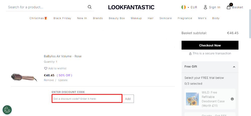 LOOKFANTASTIC discount code place in the shopping basket