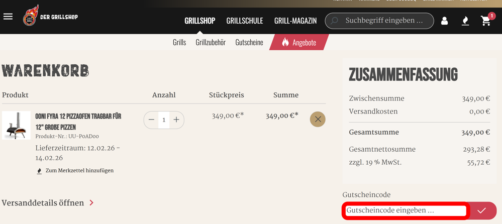 Warenkorb von 360° BBQ mit einem rotmarkierten Eingabefeld für Gutscheincodes