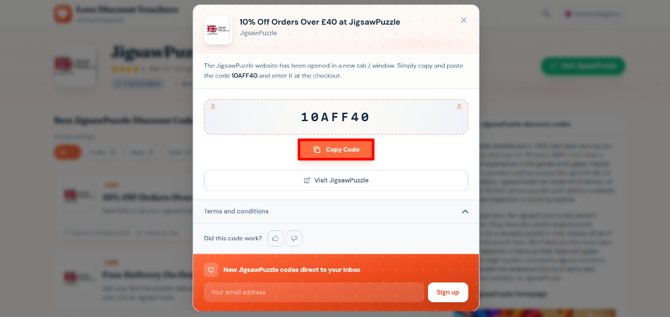 A pop-up displaying a JigsawPuzzle voucher code and its terms and conditions