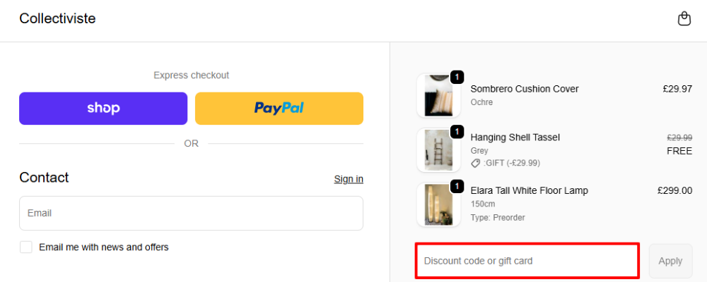 The Collectiviste checkout page with where to paste the Collectiviste voucher code in a red box
