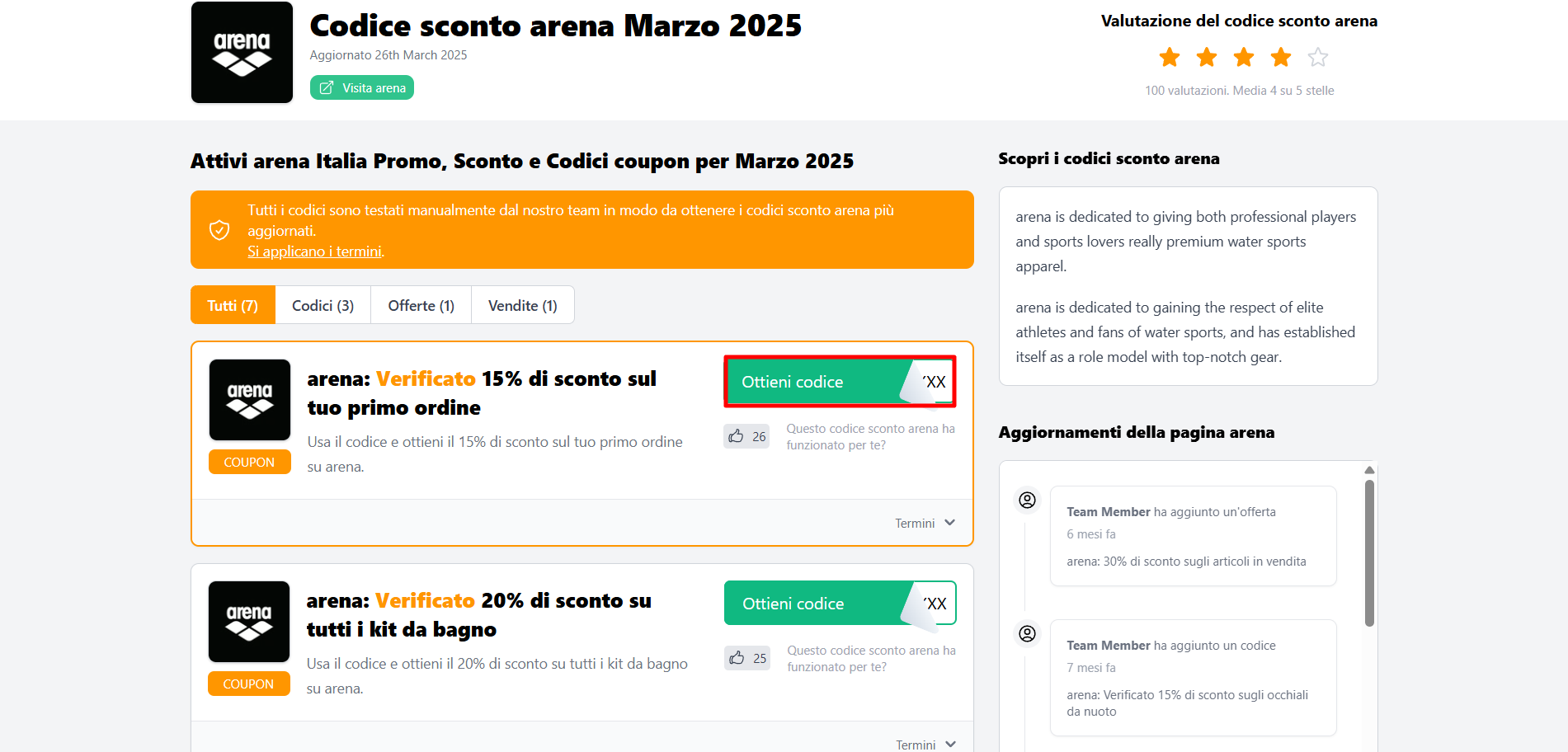 codice sconto arena da poter prelevare dalla lista per risparmiare su costumi da bagno e altro