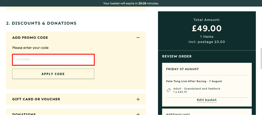 Haydock Park Racecourse checkout page were a code is pasted