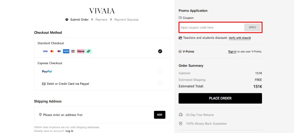 VIVAIA discount code place under the Promo Application sign