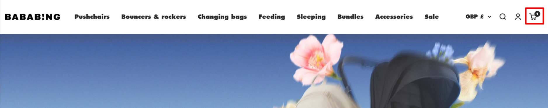 The Bababing shopping page and the basket icon at the top right-hand corner