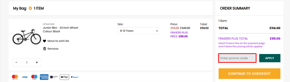 Applying an Evans Cycles promo code at checkout to save on your order