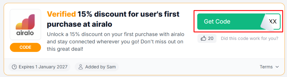 A airalo voucher code with "Get Code" in a red box